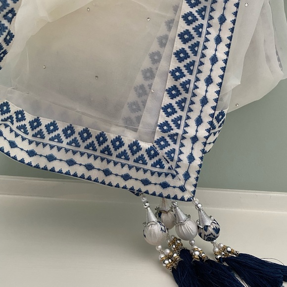 Navy Blue and White Silk Lengha - Picture 6 of 6